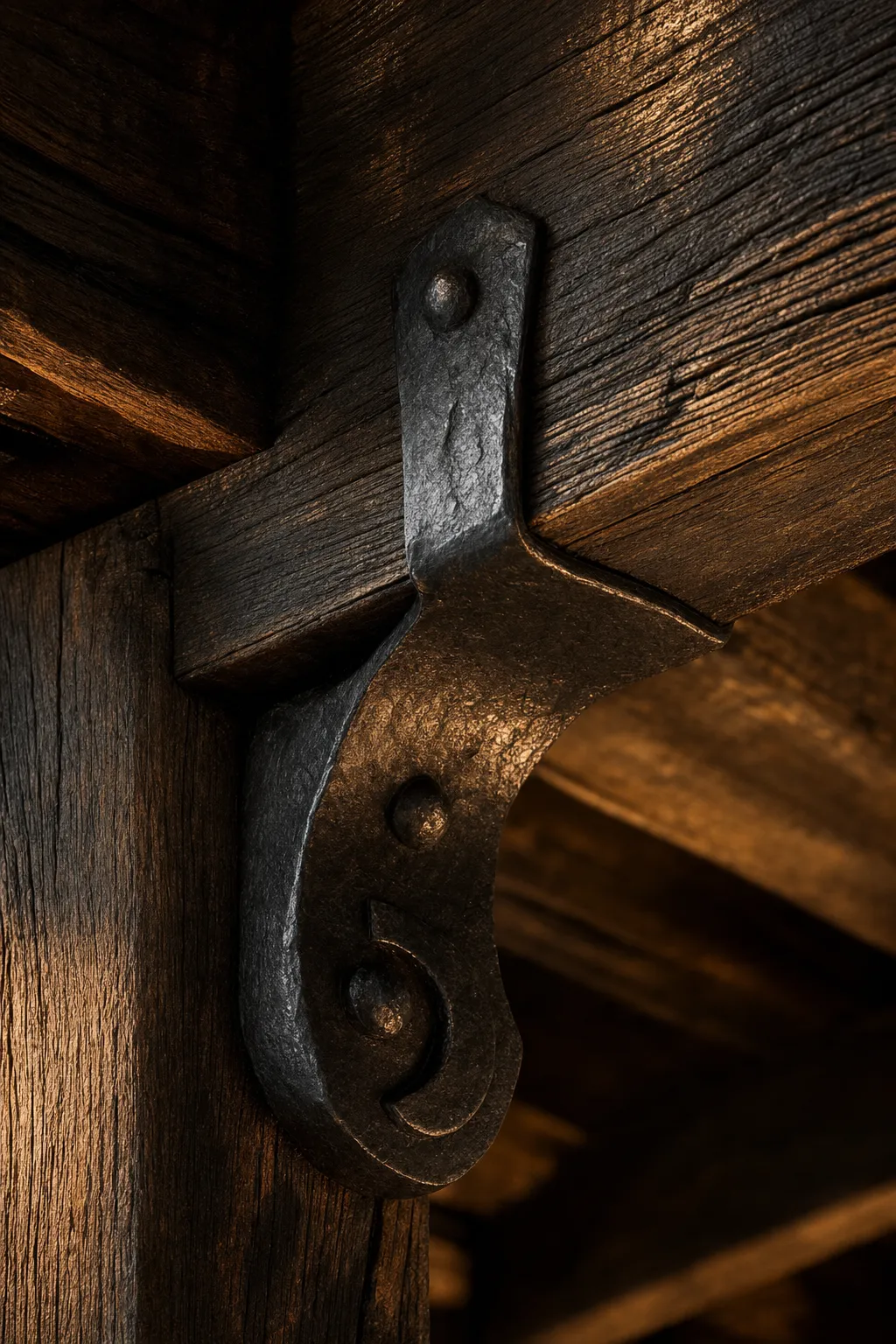 Close-up of a hand-forged iron bracket joining a timber beam