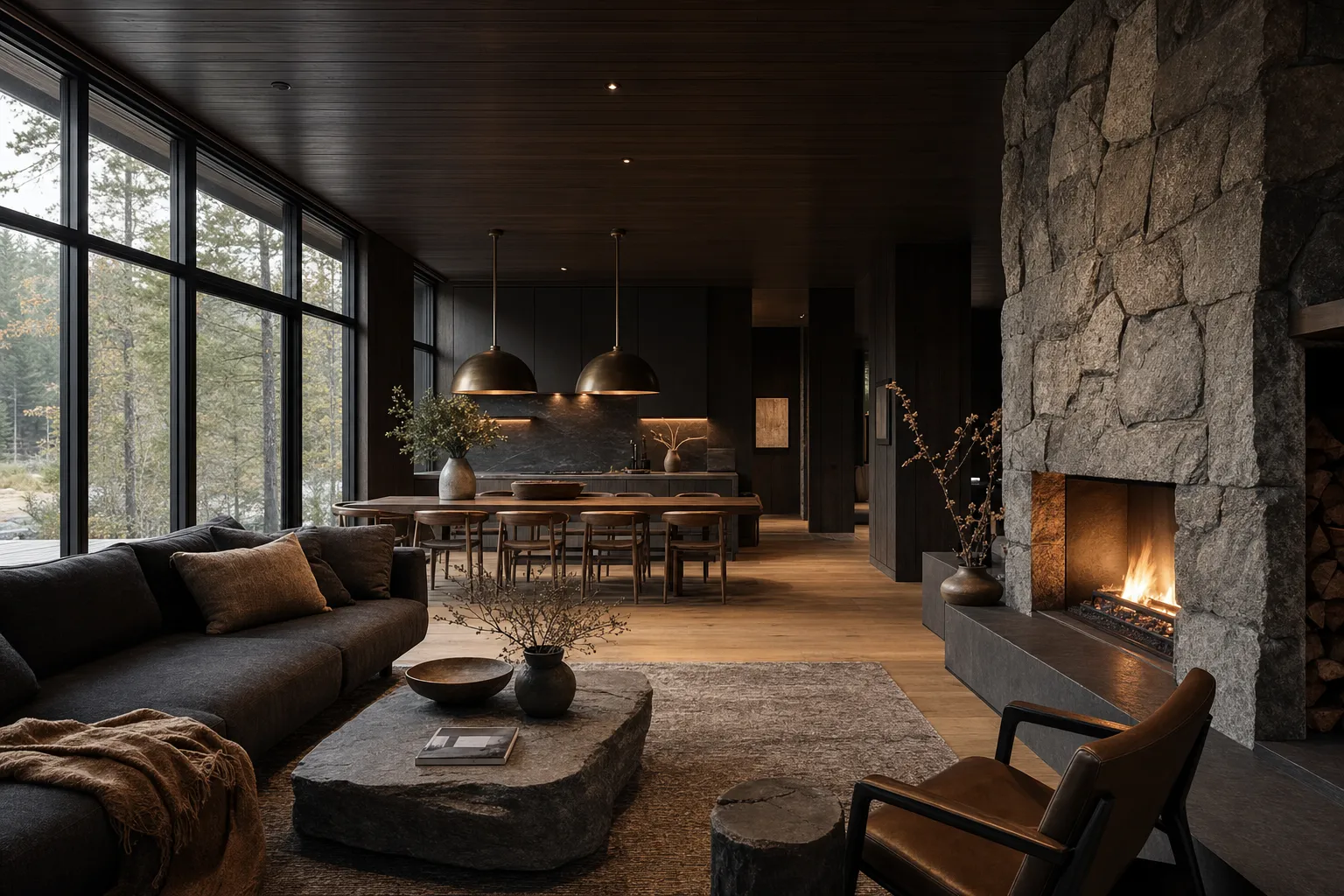 A renovated open living space with a stone fireplace