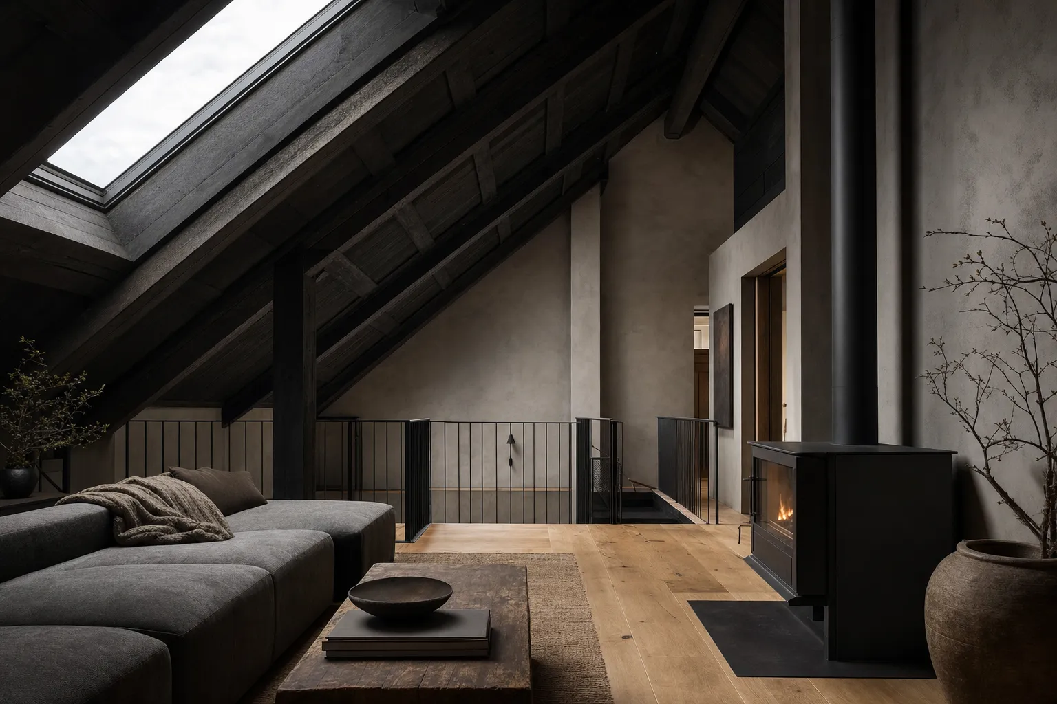 Loft conversion with exposed rafters and skylight