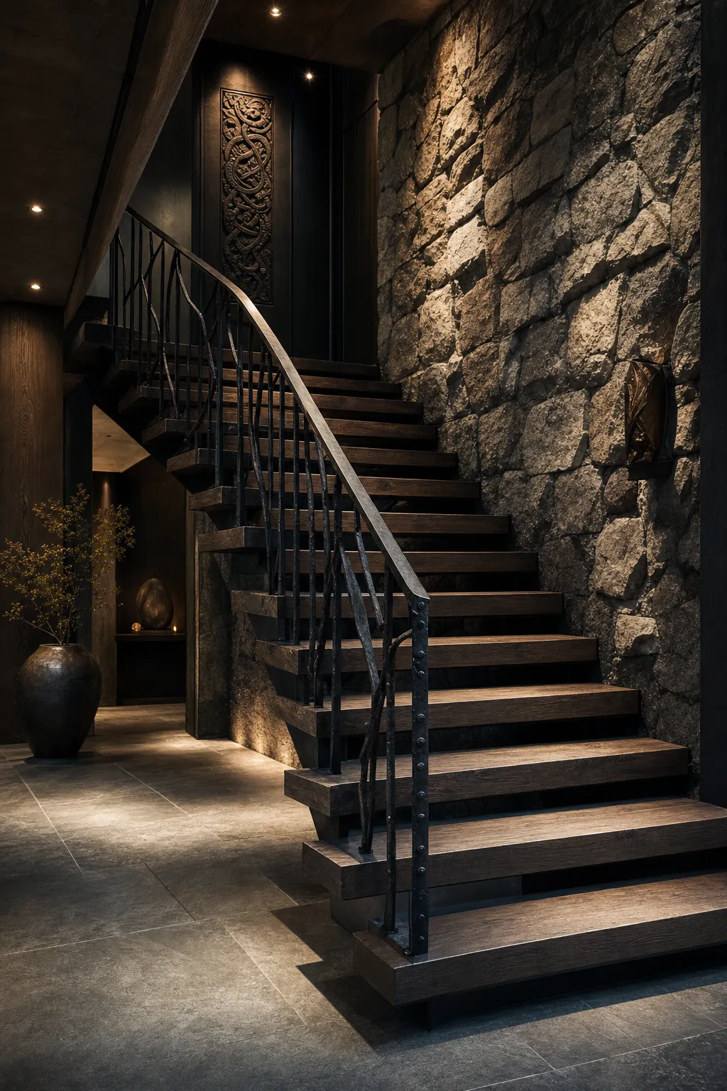 Floating oak staircase with hand-forged iron railing