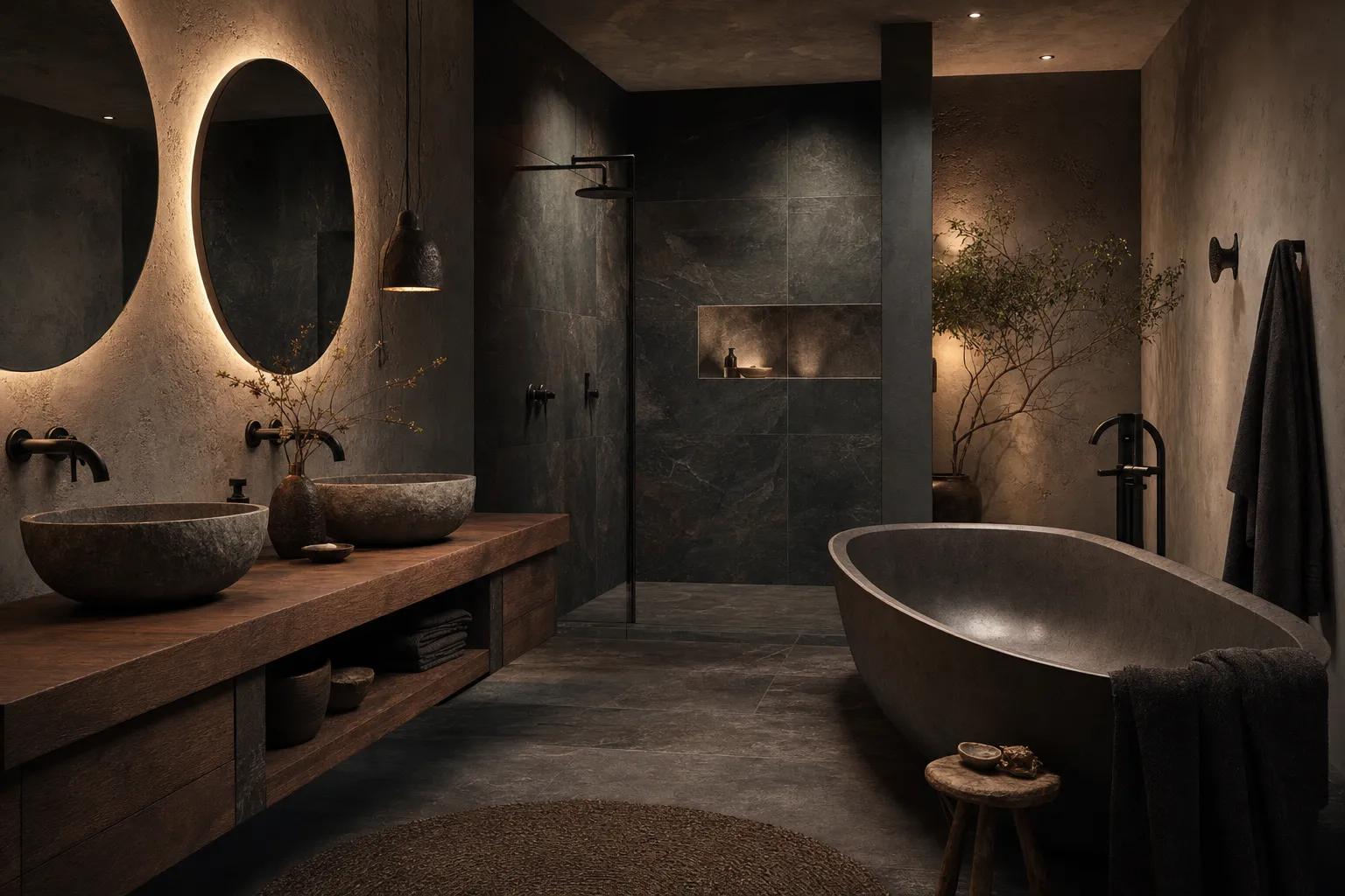A luxurious renovated bathroom with dark stone tile and a freestanding tub