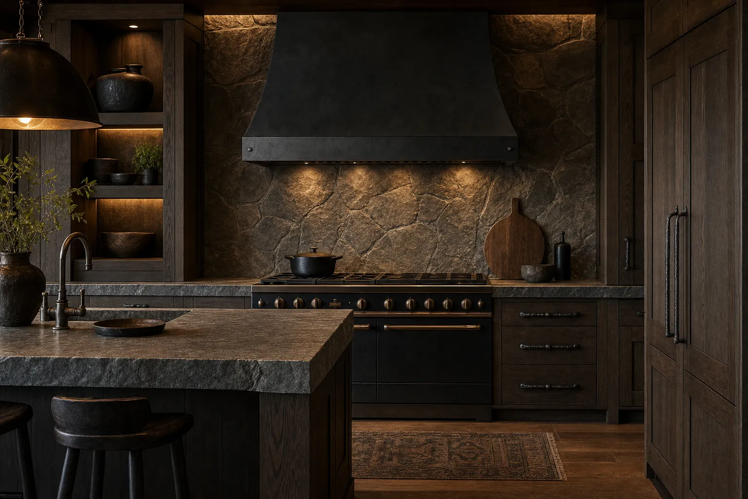 A renovated dark-oak kitchen with blackened steel range hood and stone backsplash