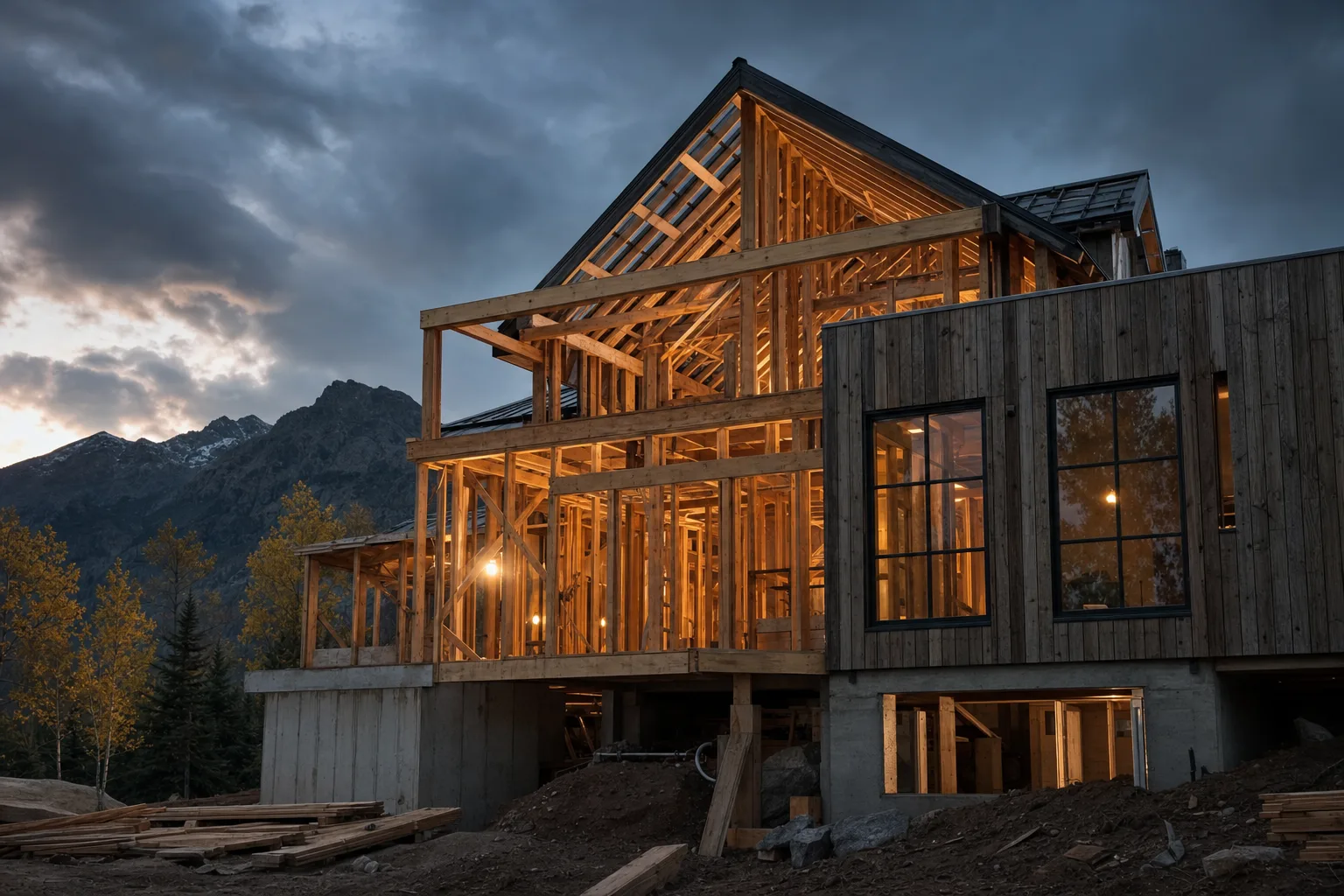 A ground-up new home under timber framing at dusk against the Blue Ridge mountains