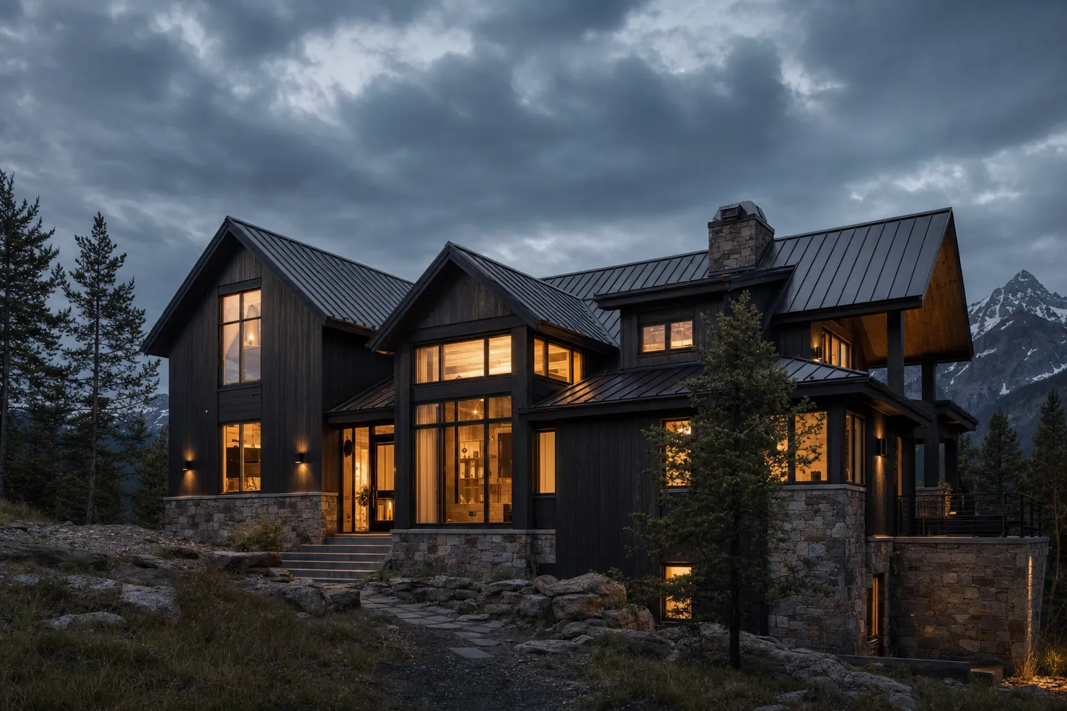 A whole-home renovation exterior at dusk with dark timber cladding and glowing windows